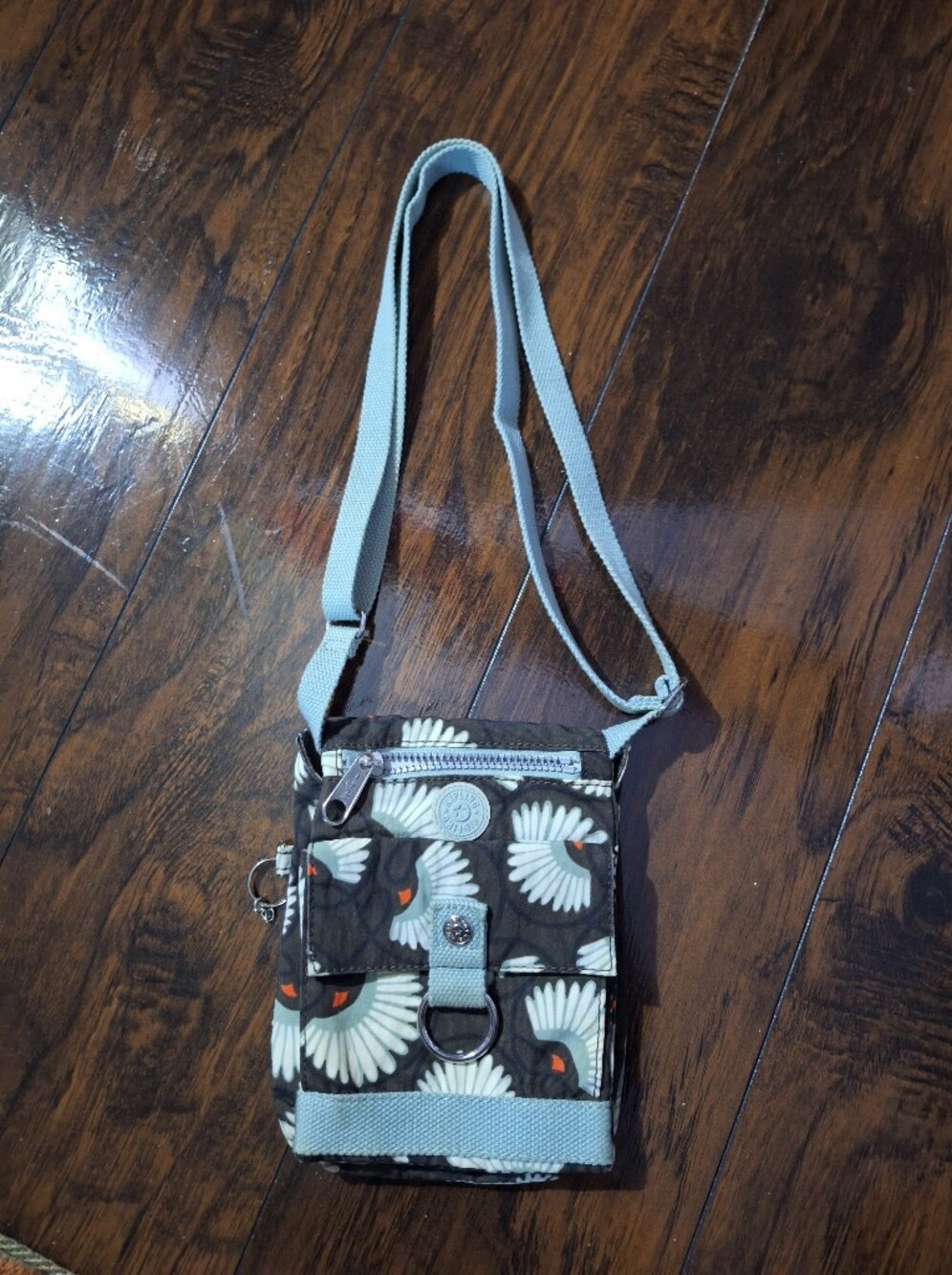Kipling Brown Floral Crossbody Bag with Light Blue Strap